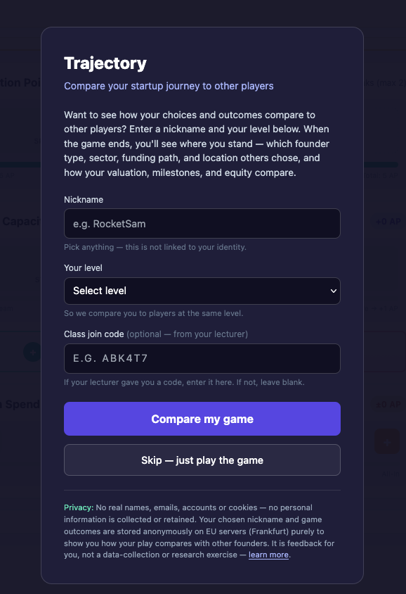 Trajectory benchmarking screen — opt in with a nickname and level, or a class join code, to compare anonymously
